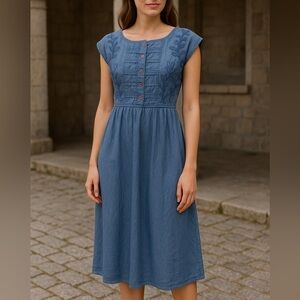 Vintage Emmanuel Geraldo Embroidered Blue Rayon Dress - Size L